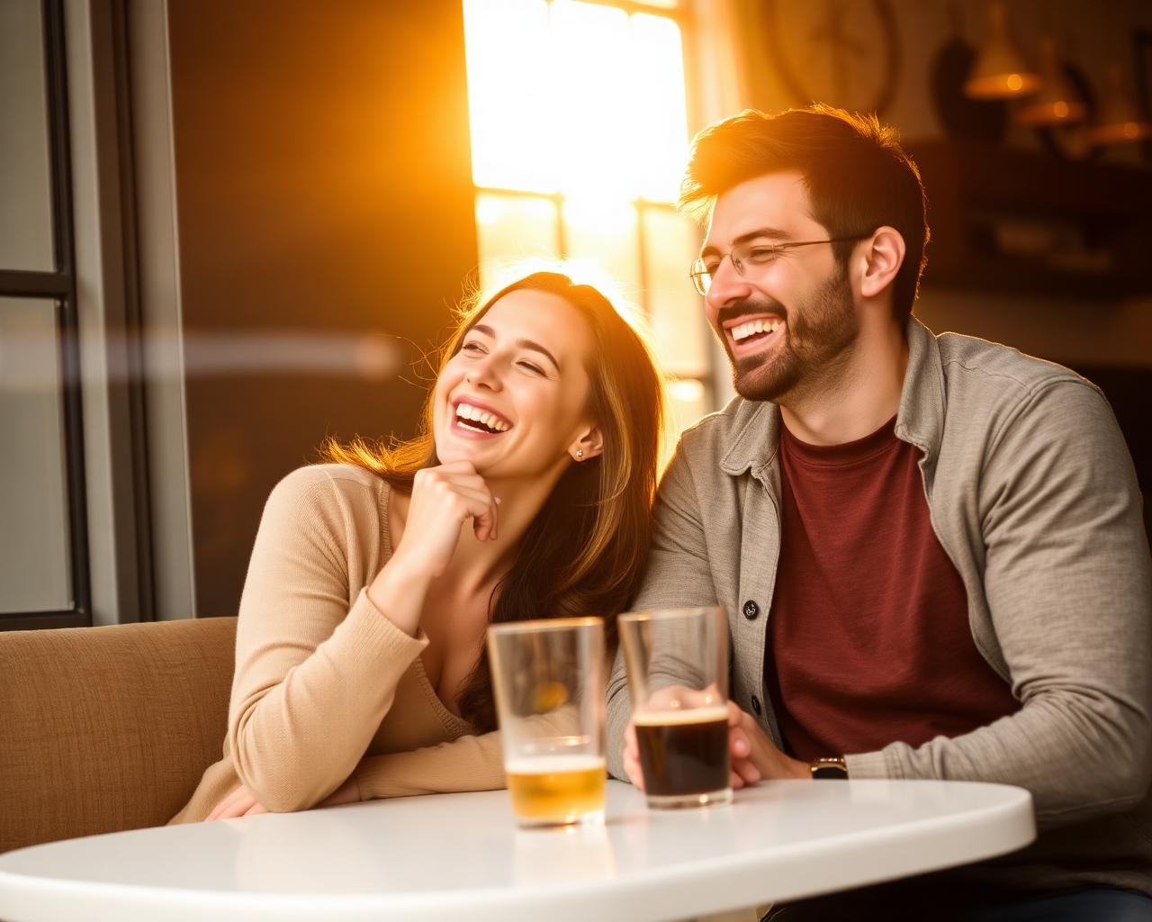 A smiling couple talking together outdoors on a sunny day